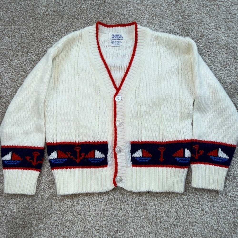 Carriage Boutiques Vintage Nautical Sailboat Anchor Knit Cardigan Sweater Cream